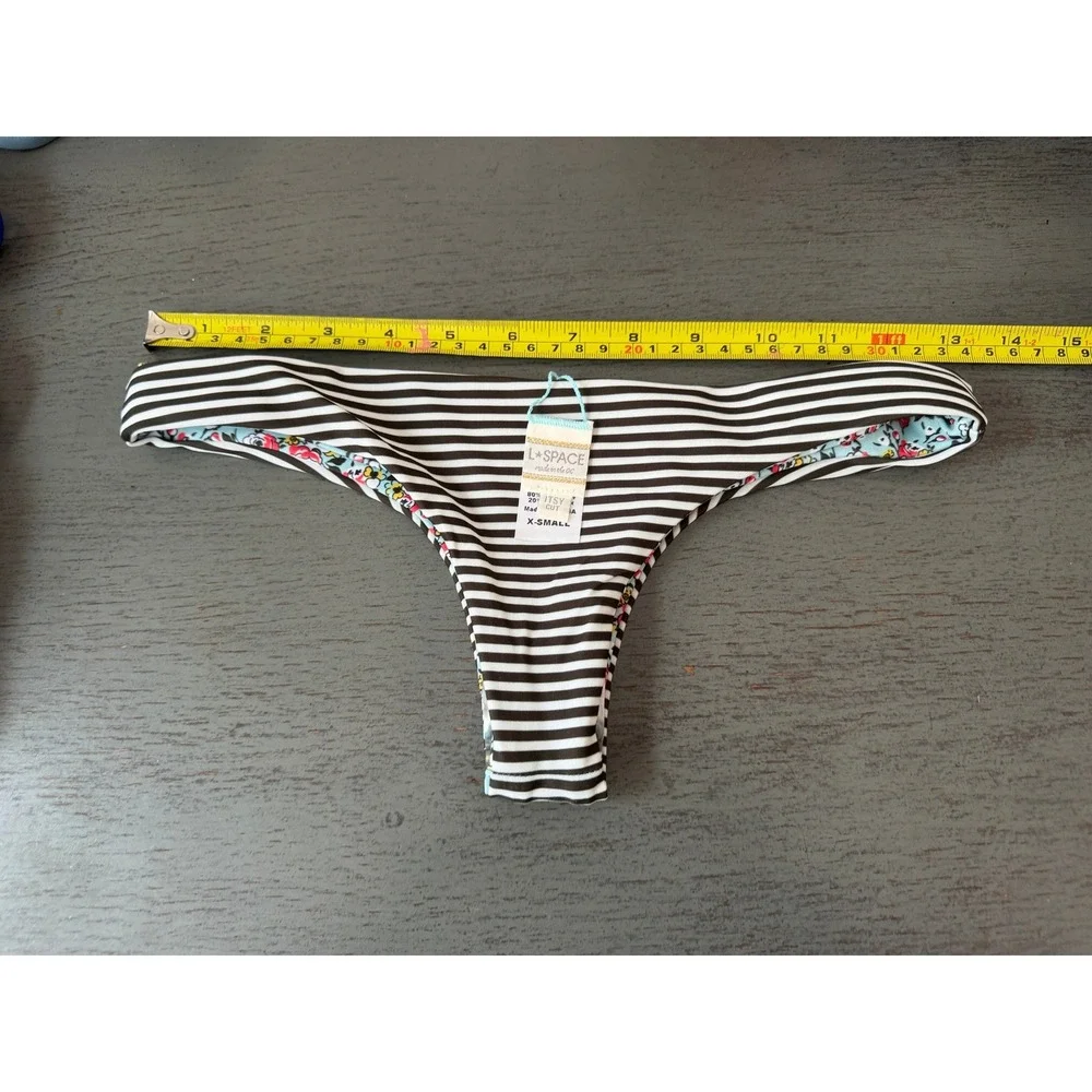 L Space Reversible Itsy Cut Bikini Bottom Stripe Floral Black White Blue XS
